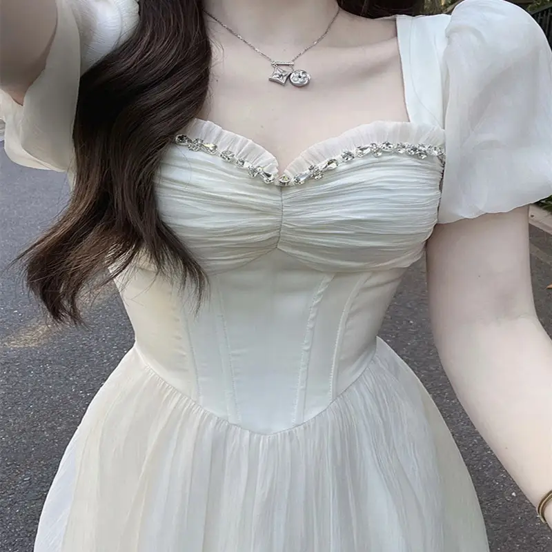 Women's Waistband Slimming Square Neck Bubble Sleeved Dress