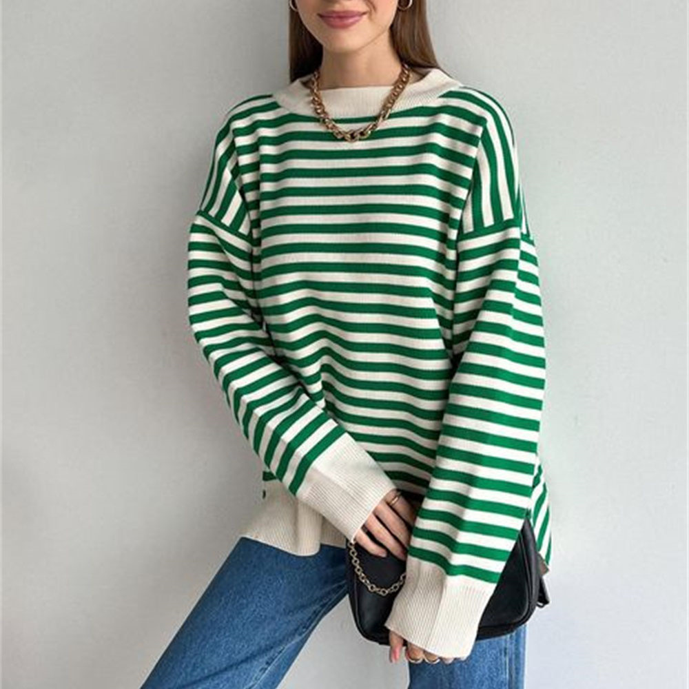 Casual Striped Contrast Loose Long Sleeve Crew Neck Sweater