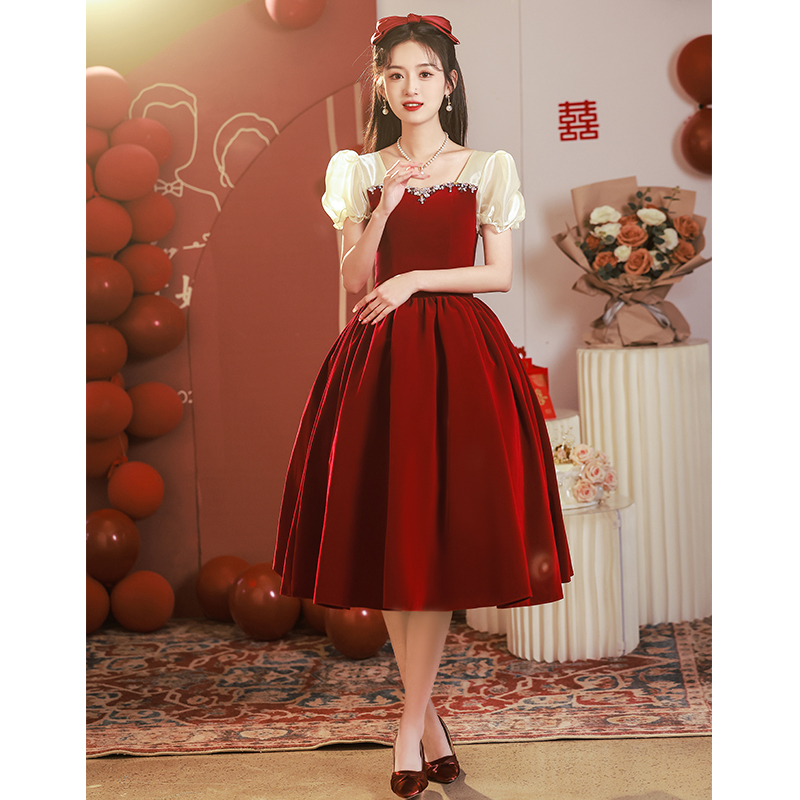 Atmospheric Red Long sleeved Senior Evening Dress Woman Wine Red Gauze - Shop at LoveMi