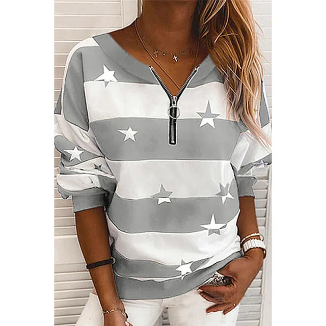 Striped Printed Long Sleeved Zipper Loose Casual Sweater Gray - Shop at LoveMi