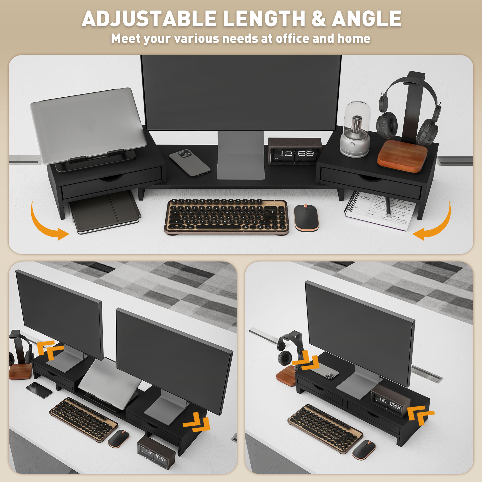 Dual Monitor Stand With 2 Drawers, Adjustable Length And Angle, 116cm Suitable — image 10