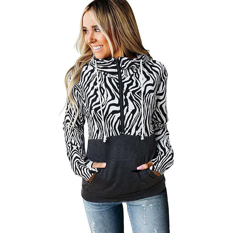 Patchwork Hooded Printed Top Loose Sweatshirt - Zebra