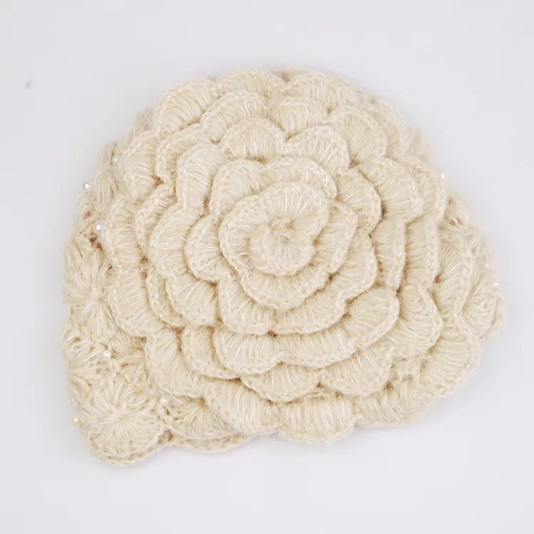 Pure Hand Crochet Pearl Wool Hat Women's Series - Creamywhite