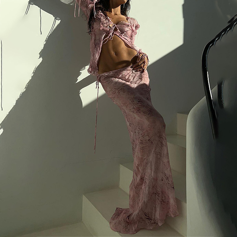 Wooden Ear Lace Printed Top High Waist Lace Printed Skirt Suit