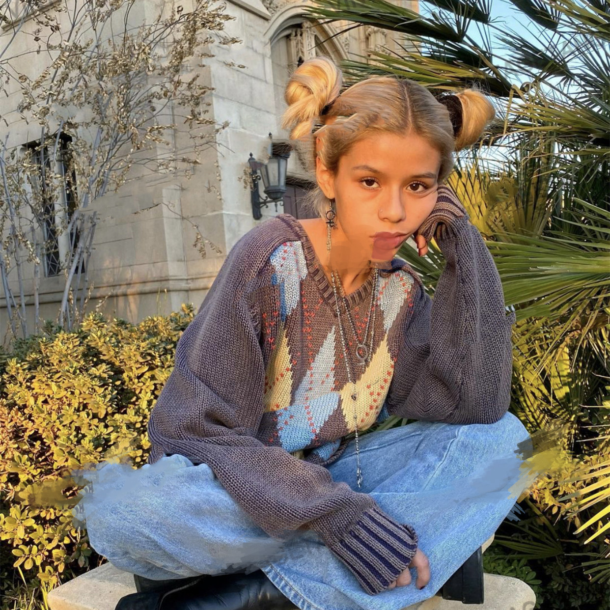 American Retro Gray Blue V-neck Diamond Knitted Sweater Women