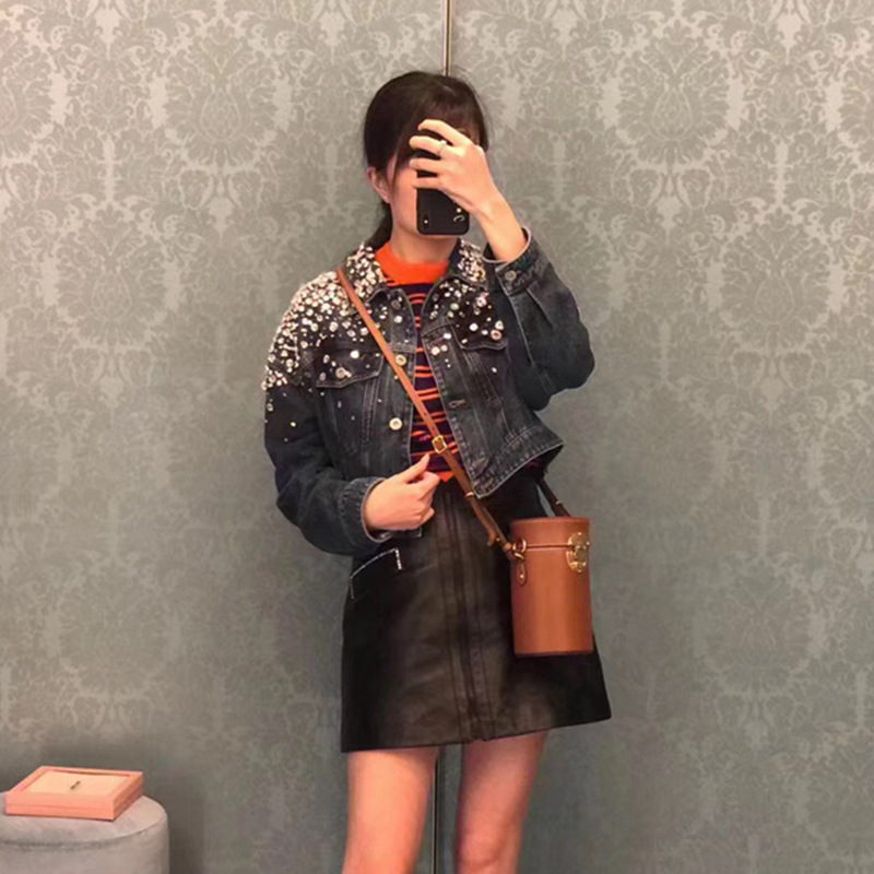 Beaded And Diamond Long sleeved Loose Denim Jacket Navy - Shop at LoveMi