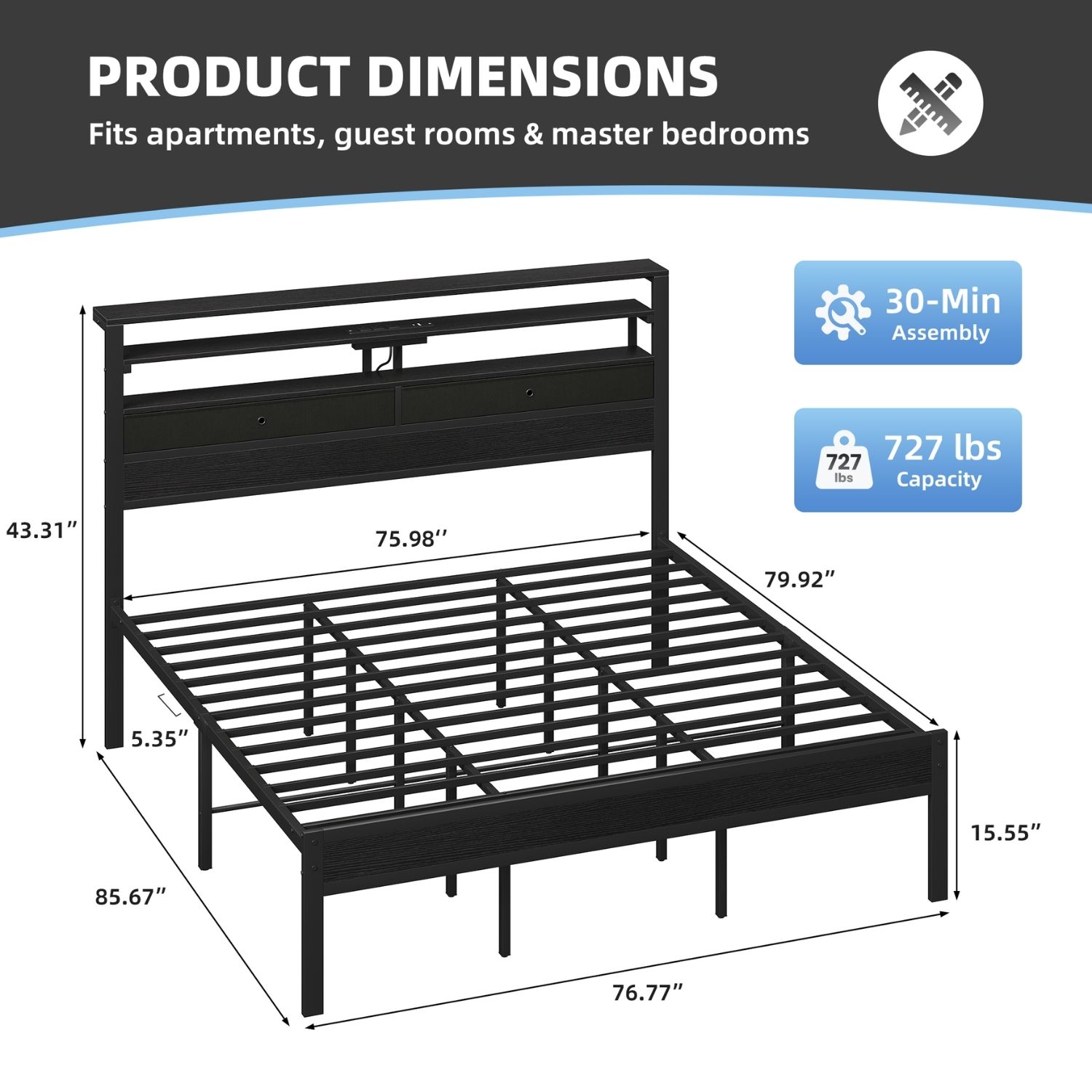 Full Bed Frame With Charging Station And LED Lights, Wood Headboard, 2 Fabric Drawers And Storage Shelves, Metal Slats, No Box Spring Needed — foto 5