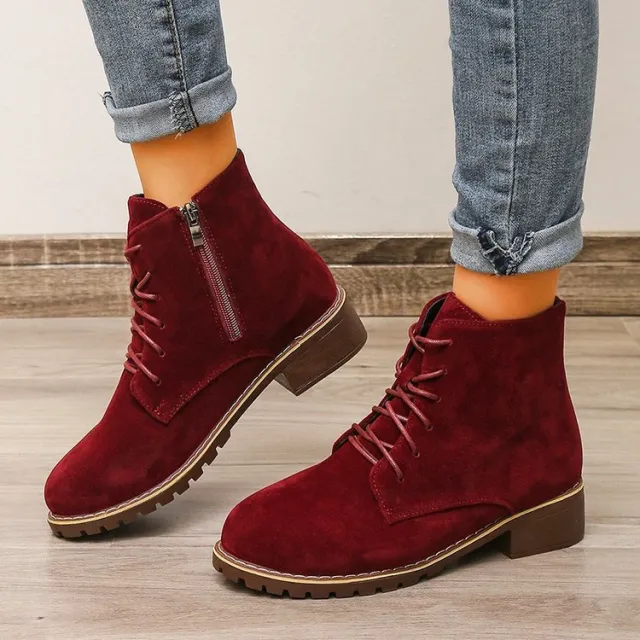 Chunky Heel Round Toe Martin Boots Side Zipper English Style Women's Shoes Wine - Shop at LoveMi