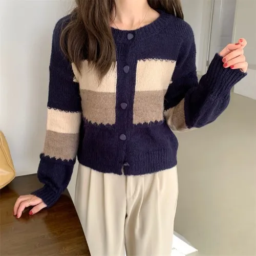 Women's Languid Retro Color Blocking Sweater Navy Blue - Shop at LoveMi