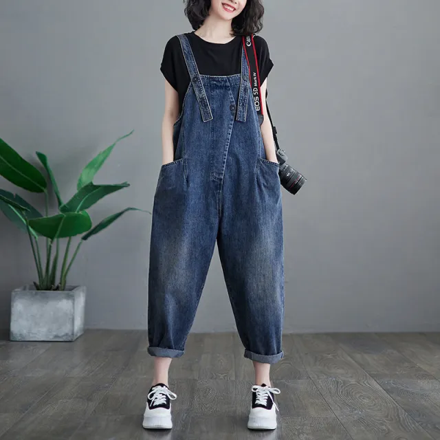 Women's Plus Size Korean Style New Denim Overalls Dark Blue - Shop at LoveMi