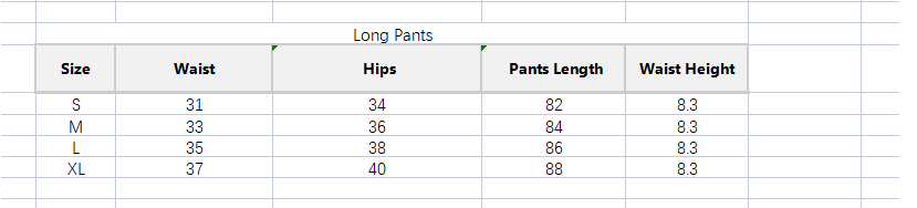 Size chart for women's sportswear
