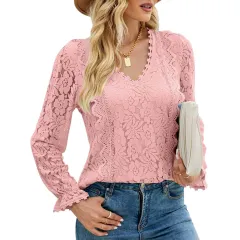 Hollow Long Sleeve Lace Top Woman - Pink - View 1