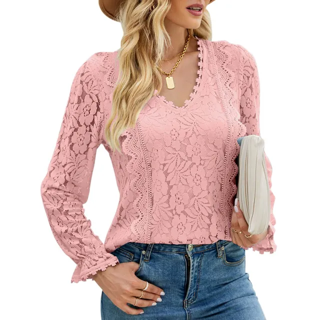 Hollow Long Sleeve Lace Top Woman Pink - Shop at LoveMi