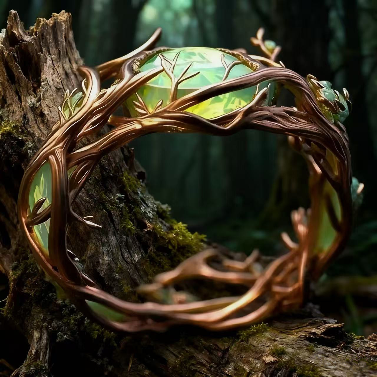 Vintage Personalized Oval Jade Inlaid Malachite Branch & Vine Design Ring For Women thumbnail 3