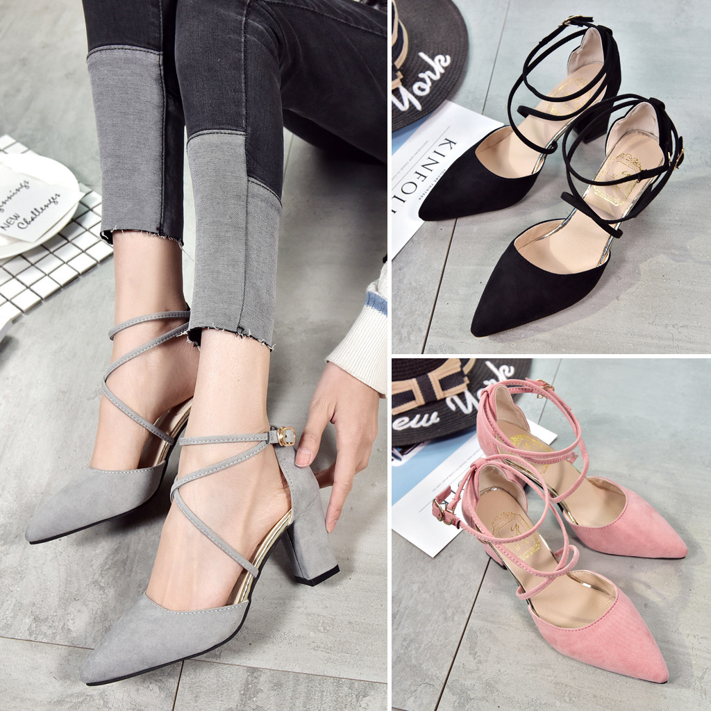 Pointed Suede High-heeled Shoes With A Buckle And Lace-up