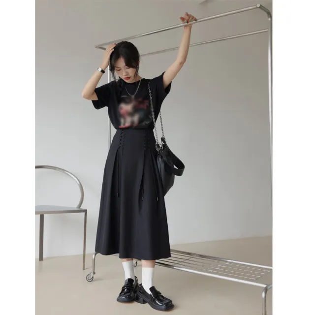 Net Red Korean Version Of The Lace up Pleated High waist A line Skirt Gray Fashion Temperament Black - Shop at LoveMi