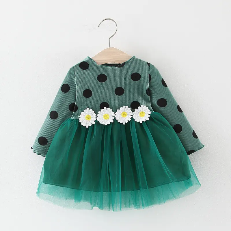 Baby Girl Long Sleeve Polka Dot Waist Flower Mesh