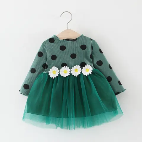 Baby Girl Long Sleeve Polka Dot Waist Flower Mesh