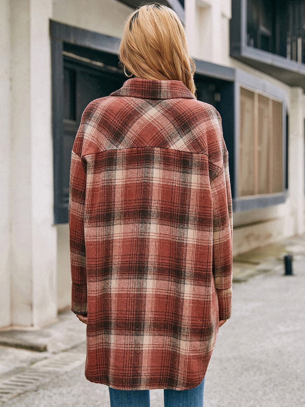Loose Casual Plush Plaid Single-breasted Mid-length Top