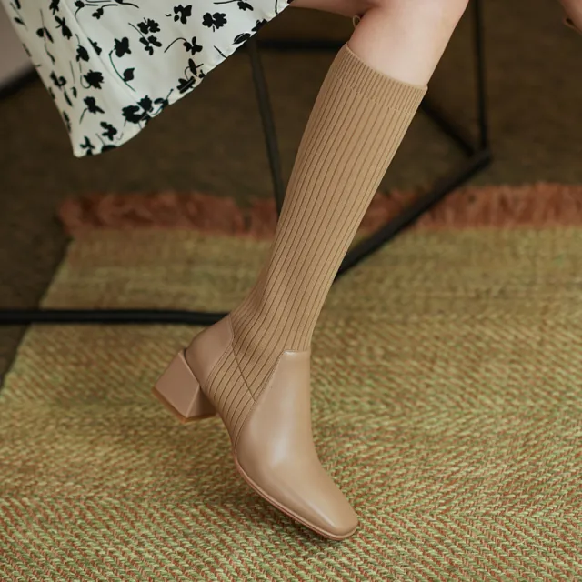 Retro Women's Autumn And Winter Thick heeled Knit Slimming Boots Apricot - Shop at LoveMi