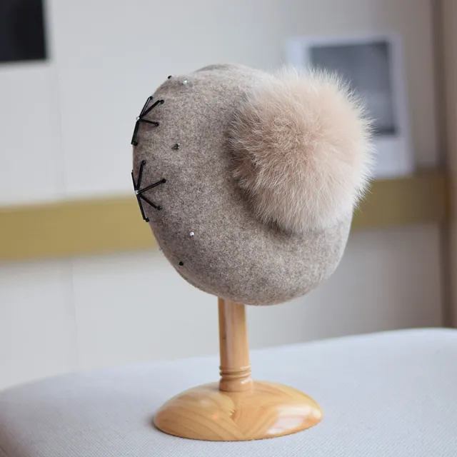 Women's Fox Fur Ball Elegant Retro Woolen Hat Khaki - Shop at LoveMi