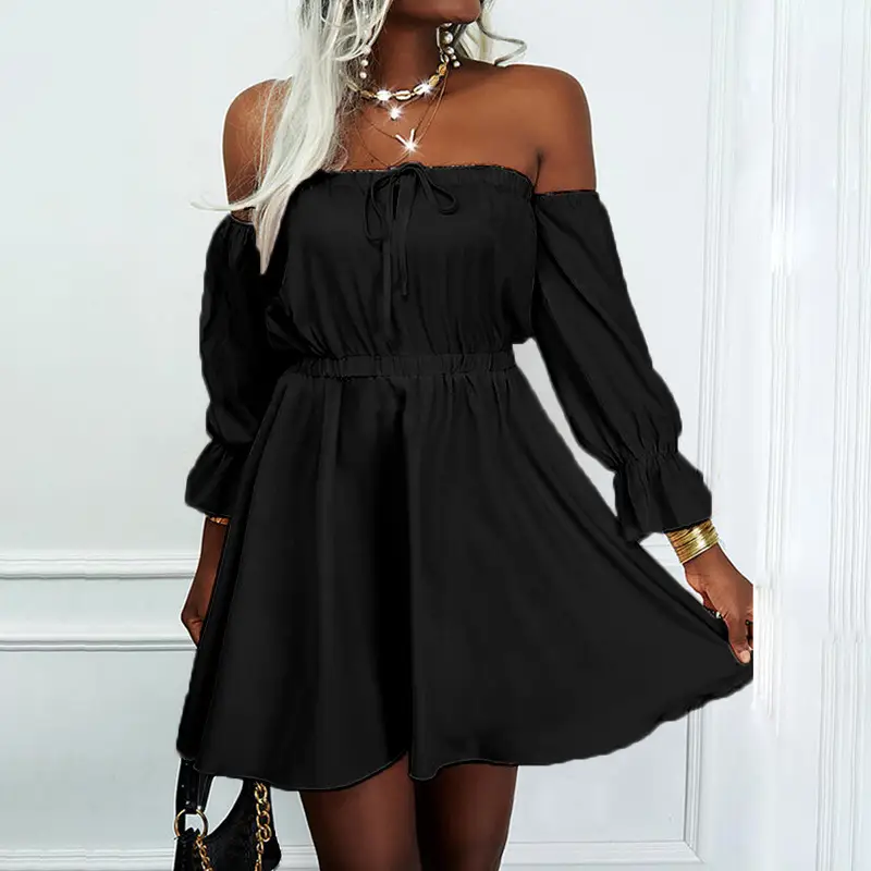 Women Solid Color Short-Sleeved One-Neck High-Waisted Dress