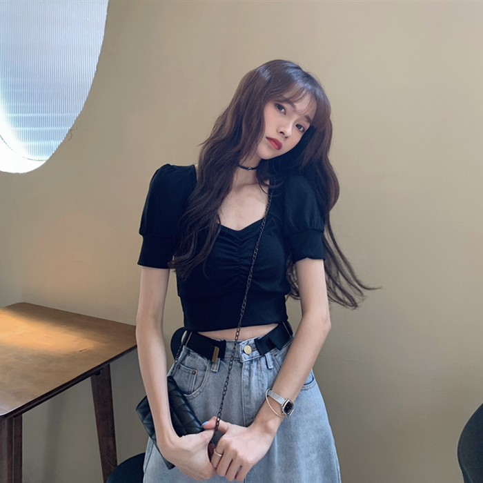 Bubble Sleeve Knitted Short Sleeve T-shirt Women''s Summer Short