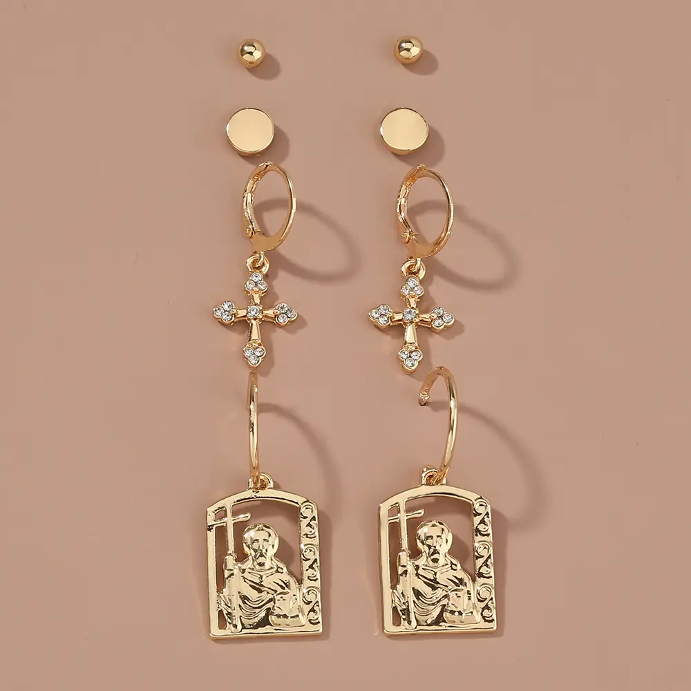 Hot selling hip-hop street accessories in Europe and America, diamond cross portrait tag earrings set earrings