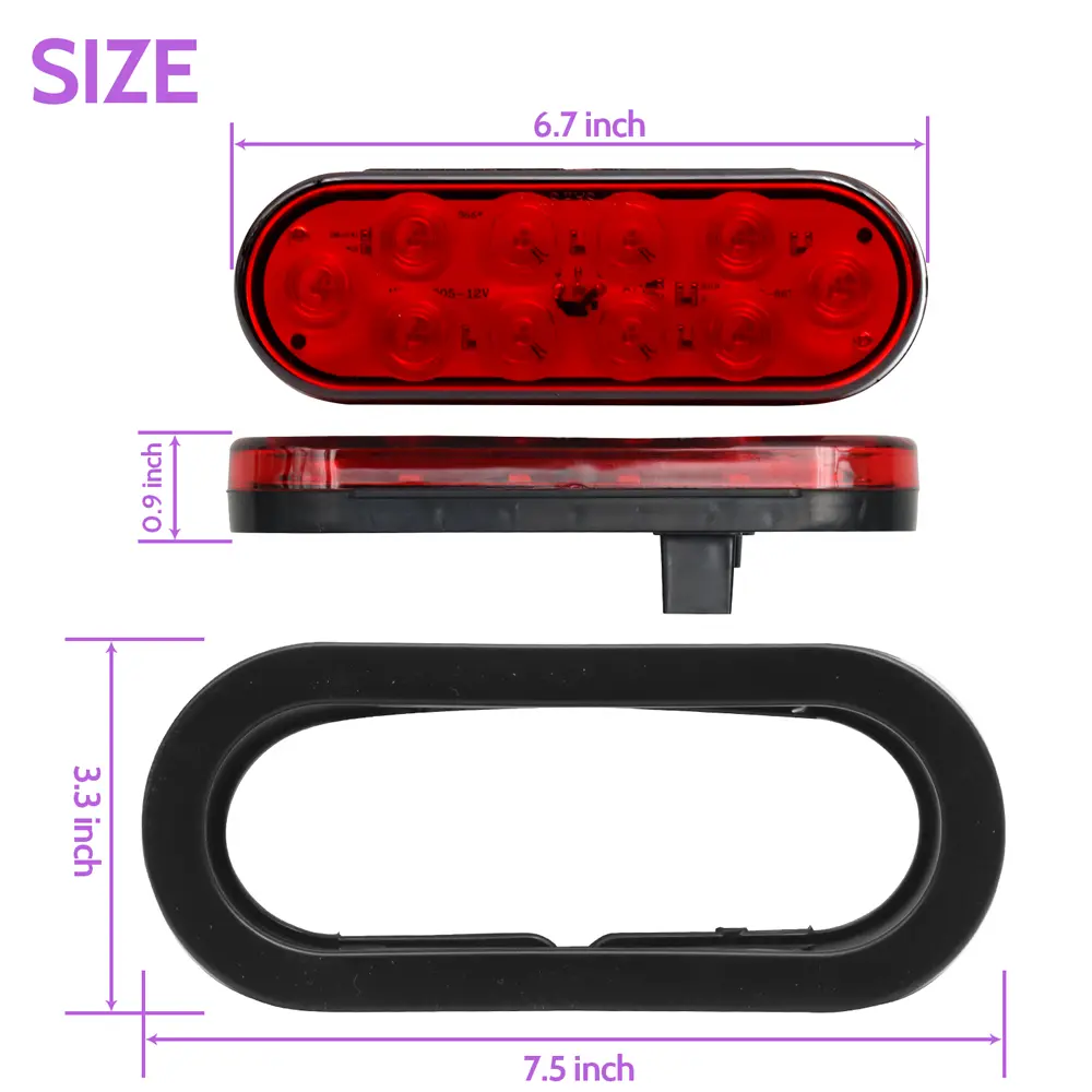 Truck Universal Small Taillight American Version, Rubber Frame With Plug 10 LED Oval Light ,12V, 2 Red Glossy Covers,2 Transparent Glossy Covers -4-piece Set