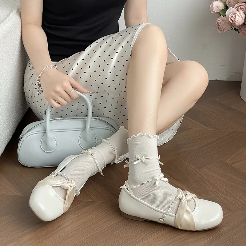 Women Sweet Elegant Satin Big Bow Pearl Strap Mary Jane Flats, Round Toe Glossy Patent Leather Slip On Wedding Bridal Gentle Casual Daily Doll Ballerina Loafer 
