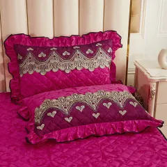 Single Pillowcase With Zipper Quilted Thick Lace Leather Plus Velvet Warm Pillow Core Cover - Red - View 1