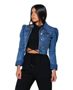 Denim Long-sleeved Retro Puff Sleeve Short Beaded Jacket - Blue - View 1
