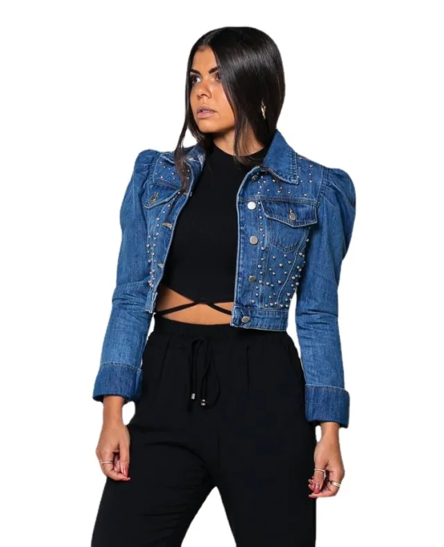 Denim Long sleeved Retro Puff Sleeve Short Beaded Jacket Blue - Shop at LoveMi