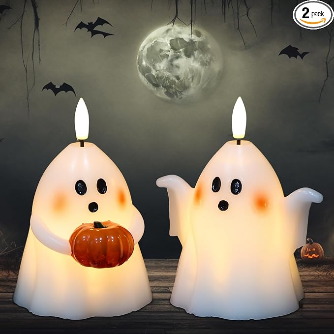 Halloween Ghost Flameless Candle With Timer And Hand-Painted Pumpkin Design 6