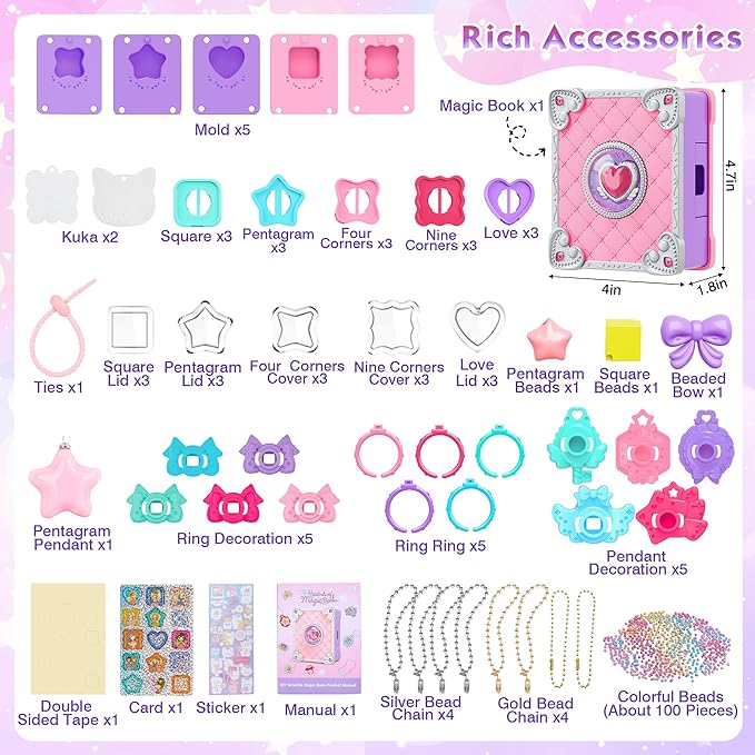 Girls Jewelry Making Kit DIY Arts And Crafts Gifts Necklace Pendant and Bracelet Crafting Set Versatile Magic Sticker Machine Magic Book Children's DIY Making Christmas Gift Jewelry Gift Set For Kids G