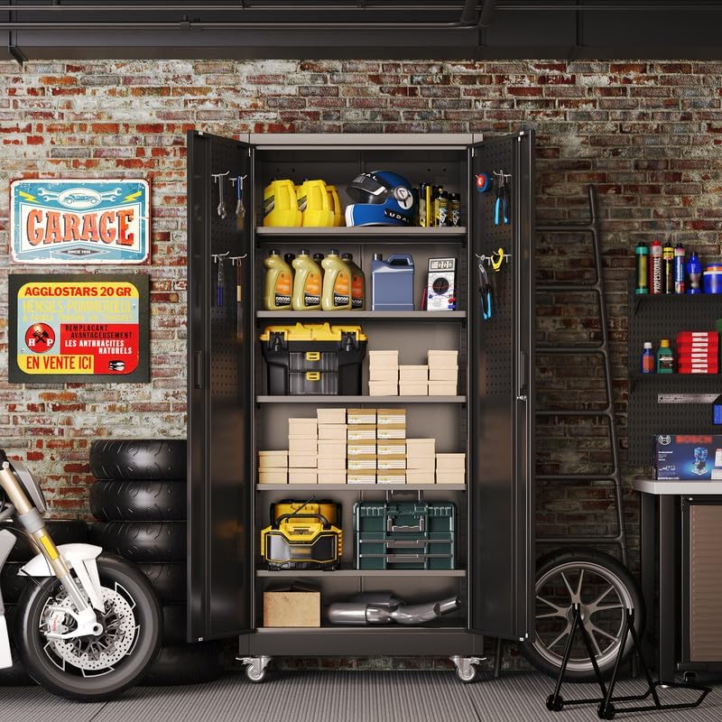 Aobabo Metal Storage Cabinet With Wheels And Door Pegboard Garage And Business Storage For Tools And Office Supplies 5 Adjustable Shelves, Lockable Black Cabinet — foto 3