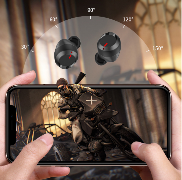 High-quality sound experience with Bluetooth earbuds while playing a mobile action game.