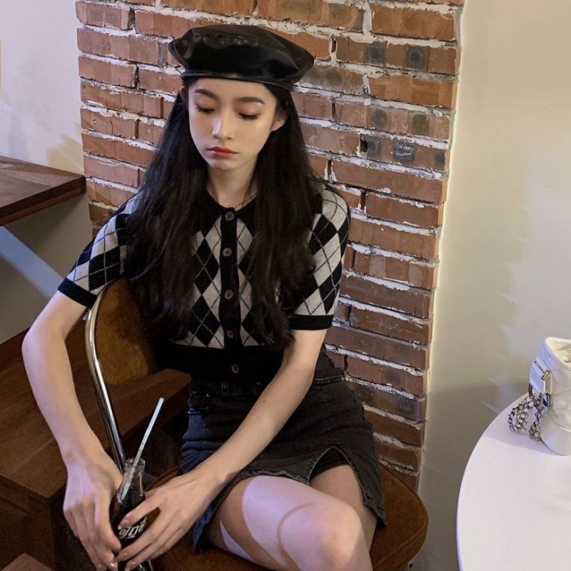 Retro Check Color Blocking Lapel Short Knit Sweater All-match Short Sleeve Cardigan Top