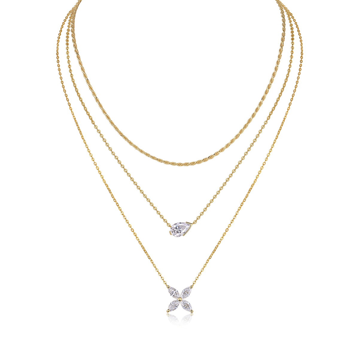 S925 Sterling Silver 7x11mm Pear Moissanite 3-Layer Necklace 40cm 10.8g Gold Plated GRA Certified Gift Box