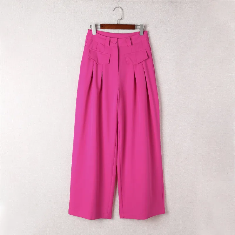 Loose Pocket Pleated Solid Wide Leg Trousers - Red