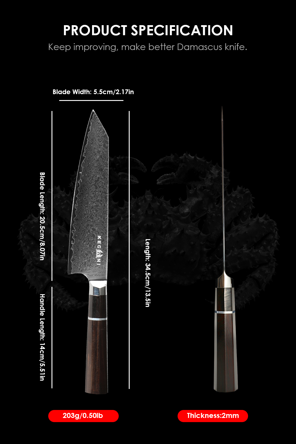 Kegani Japanese Kiritsuke Chef Knife with 67 Layers VG-10 Damascus Steel and Ebony Full Tang Handle for Sushi and Gyuto Knife