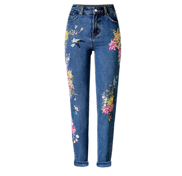 High rise Slim fit Straight leg Jeans With Front And Back Embroidery Blue - Shop at LoveMi