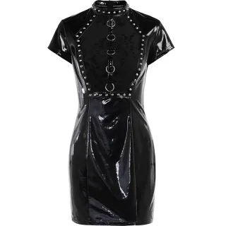Women's Dark Flocking Stitching Rivet Dress - Black