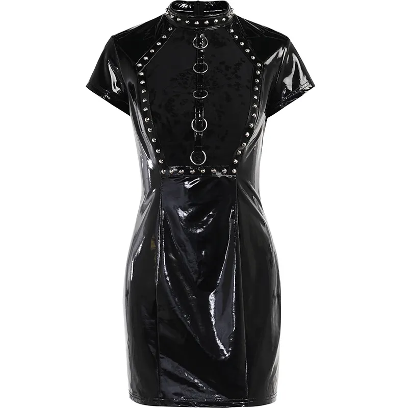 Women's Dark Flocking Stitching Rivet Dress - Black