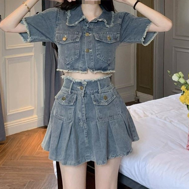 Vintage Washed Burlap Short Shirt Denim Set - Image 2