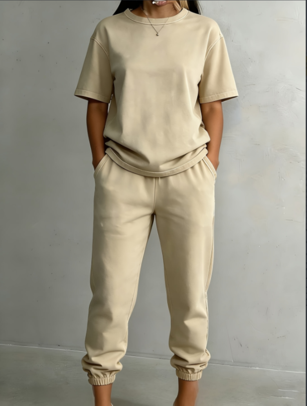 Washed Cotton Short Sleeved Leg Binding Casual Two-piece Set