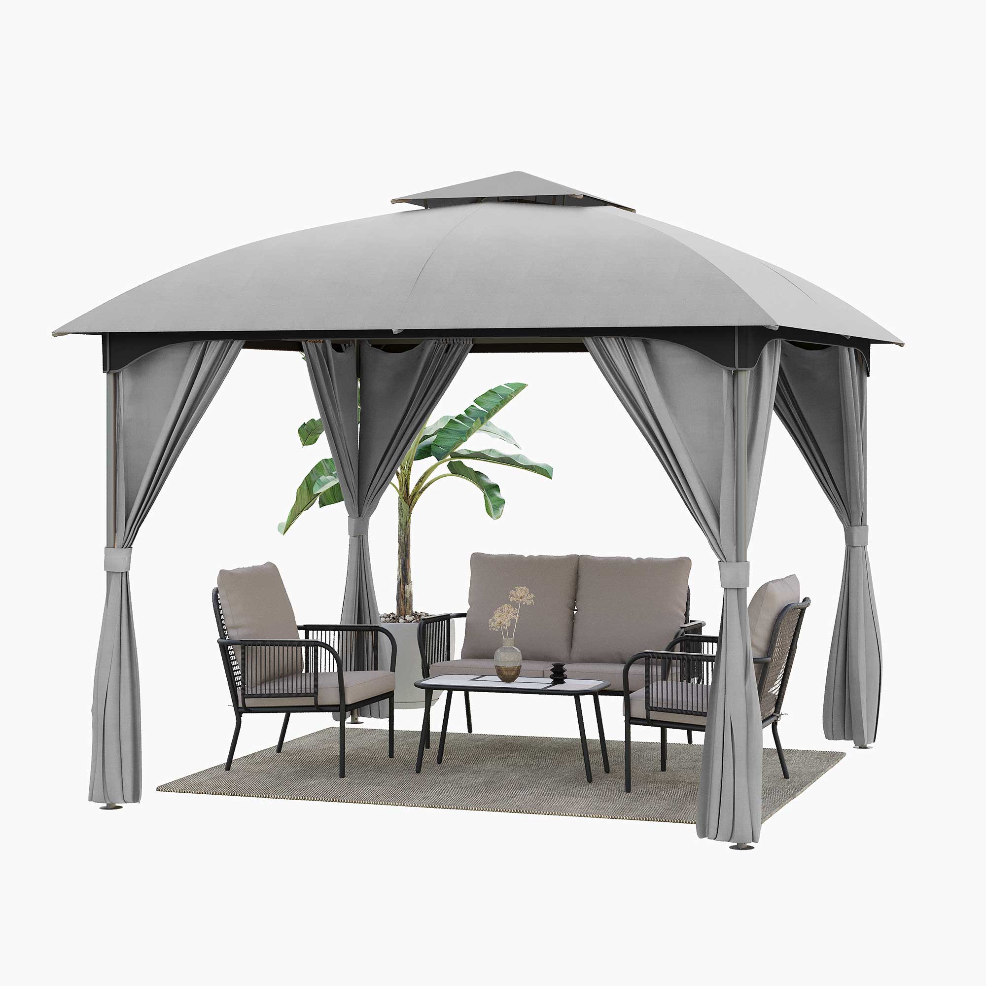 Patio Gazebo 10'x10', Outdoor Duty Party Tent Shelter With Double Roofs,  Oxford Fabric Mosquito Nettings And Privacy Screens For Backyard, Garden, Lawn