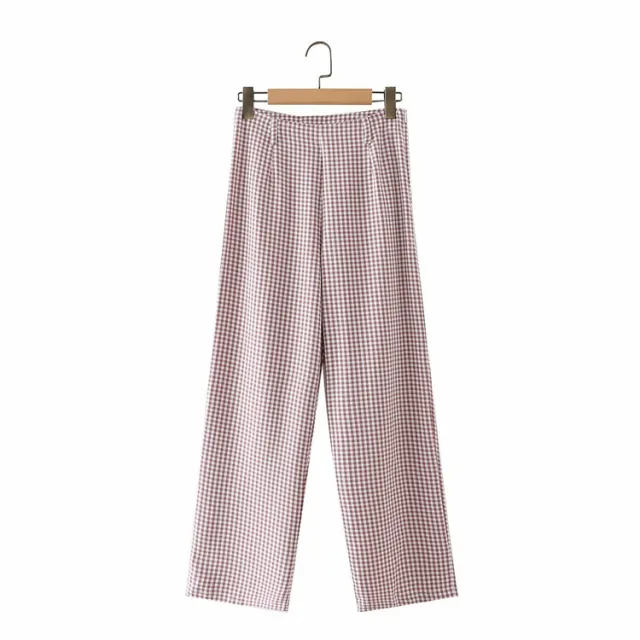 High waisted Straight leg Check Trousers Houndstooth Slim Casual Pants Khaki - Shop at LoveMi