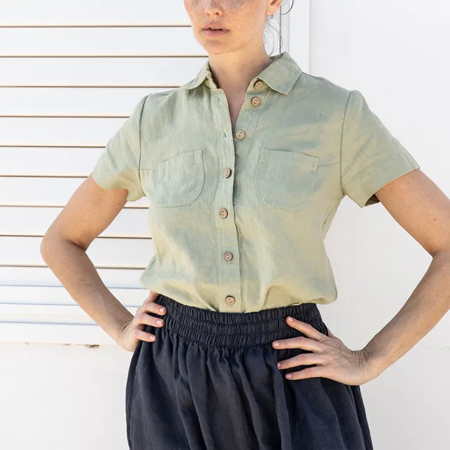 Casual Cotton And Linen Double Pocket Top Bean Green Pure Linen - Shop at LoveMi