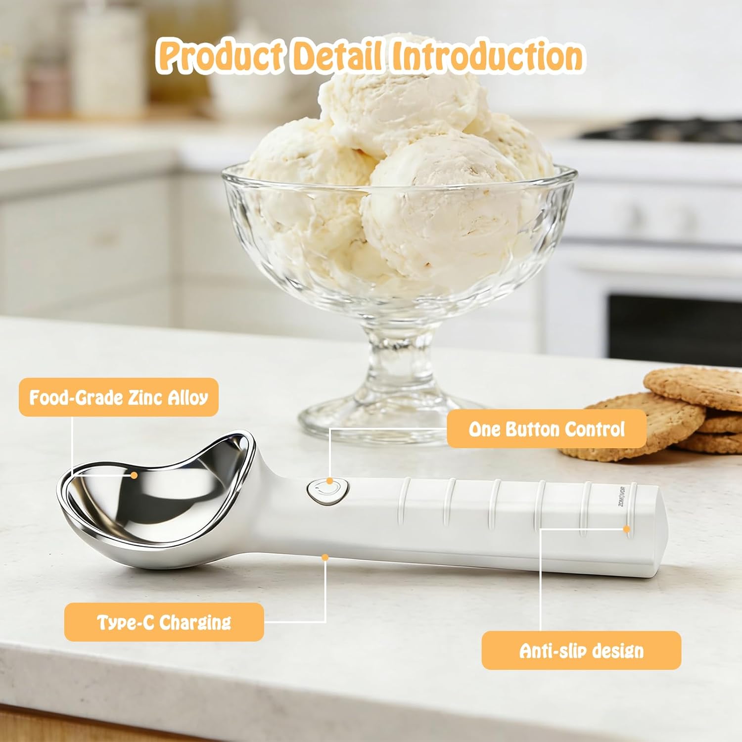 Heated Ice Cream Scoop Rechargeable Ice Cream Scooper With ON OFF Safety Switch, Ergonomic Nonstick Grip Handle For Gelato, Sorbet, Cookie Dough, Melon, Yogurt